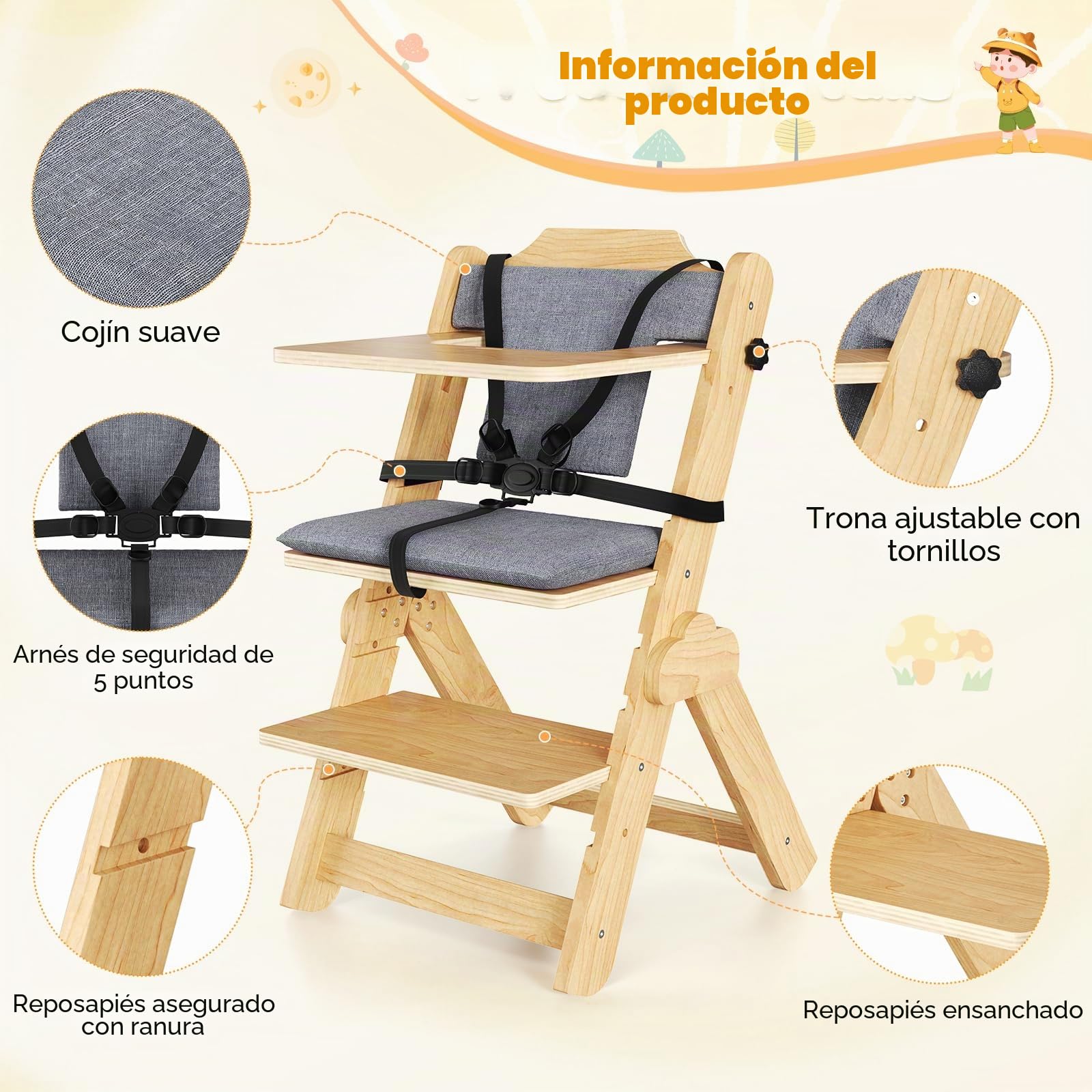 Trona de madera multifunción ergonómica con cinturón de seguridad de 5 puntos para bebés de 6 meses a 10 años, capacidad de carga de 25 kg, fácil montaje