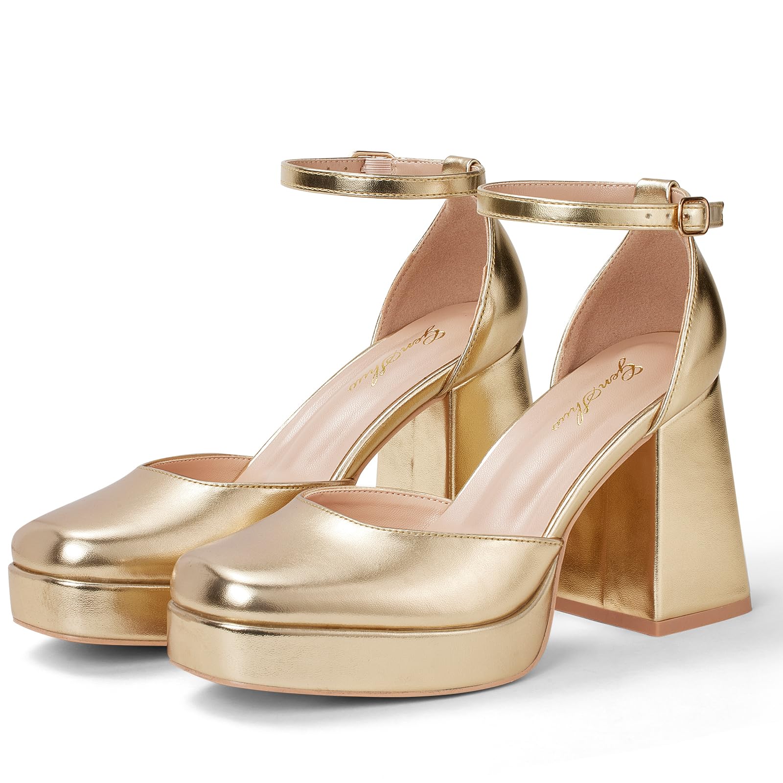 GENSHUO Escarpins à Talons épais pour Femme de 10 cm, Bout carré fermé avec Bride à la Cheville, Robe, Chaussures de fête de Mariage,36-42 EU