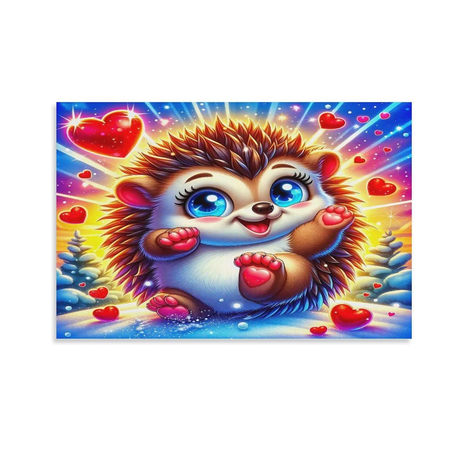 CPLVKWRQJ Cute Hedgehog Holding Individual Cute Hedgehog Red Hearts Wall Art Decor - Kitchen Removable Canvas Wall Art Multi-Purpose Focal Point 20x30inch(50x75cm)