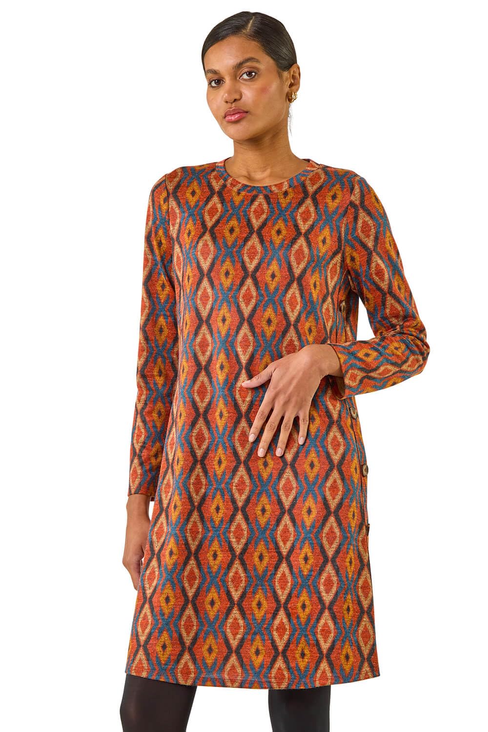 Roman Originals Women's Dark Orange Tunic Dress With Pockets For Uk Swing Fit & Flare Skater Slouch Stretchy Casual Smart Winter Jersey Pull On Work Office 3/4 Long Sleeves - Size 16