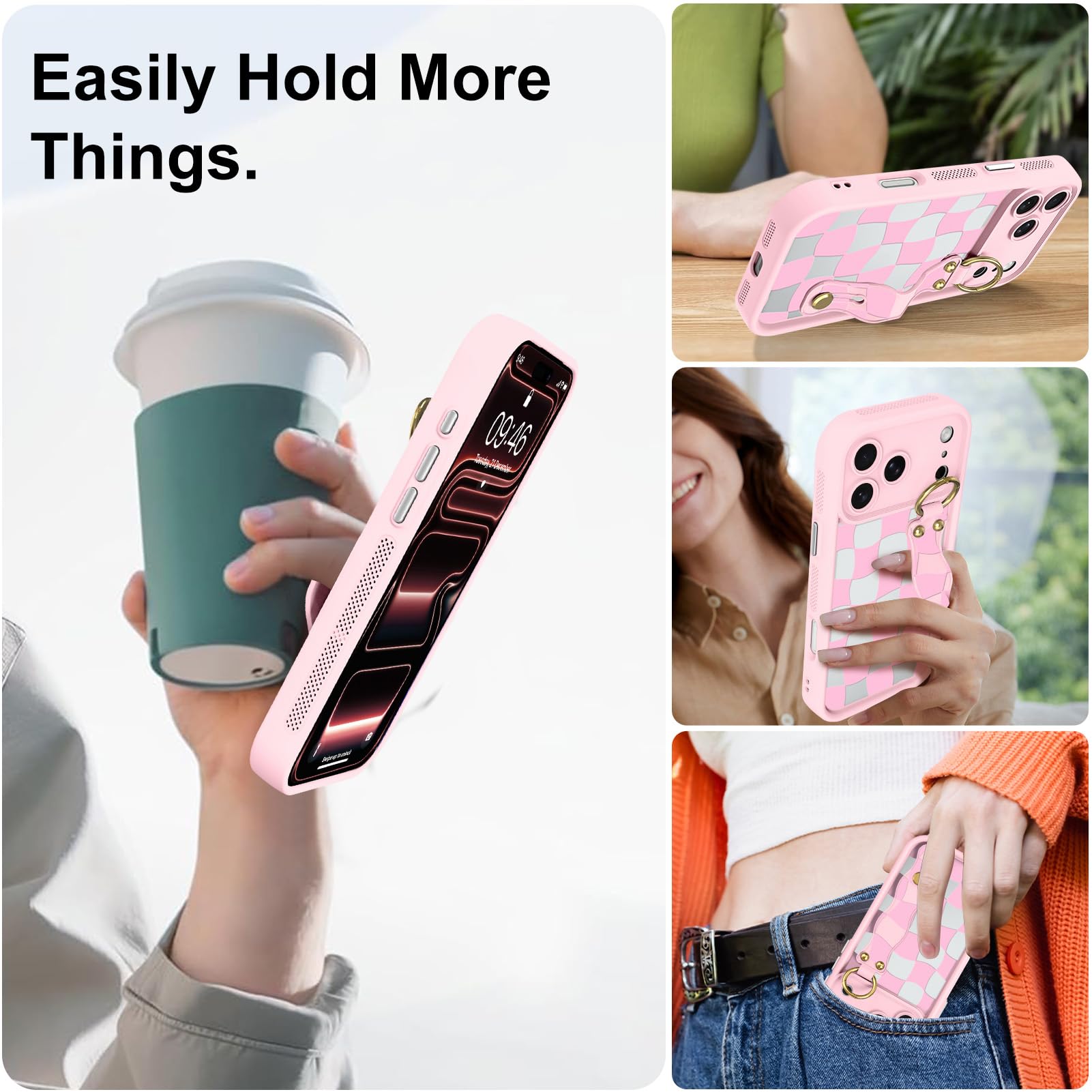Fiyart Funda a cuadros para iPhone 17 Pro Max con correa de muñeca, soporte