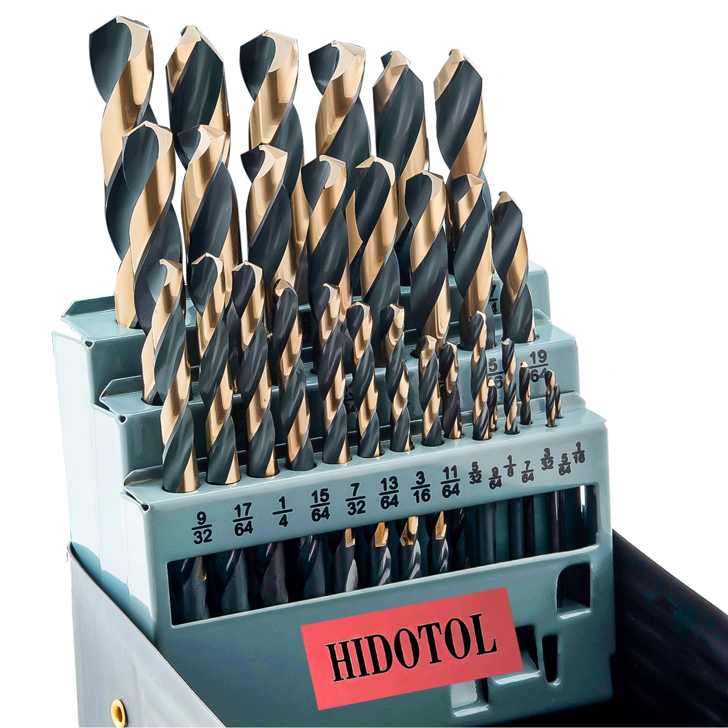 HIDOTOL Bohrer-Set, 29-teilig, 135-Grad-Spitze, Hochgeschwindigkeitsstahl mit schwarzem und goldfarbenem Finish, Edelstahl, Kunststoff und Holz, mit Metall-Aufbewahrungskoffer, 1/16-1/2 Zoll
