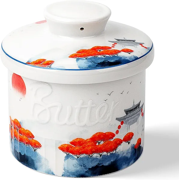 Toptier Butter Crock for Counter With Water Line, On Demand Spreadable Butter, Ceramic Butter Keeper to Leave On Counter, French Butter Dish with Lid, (Mangrove Forest)