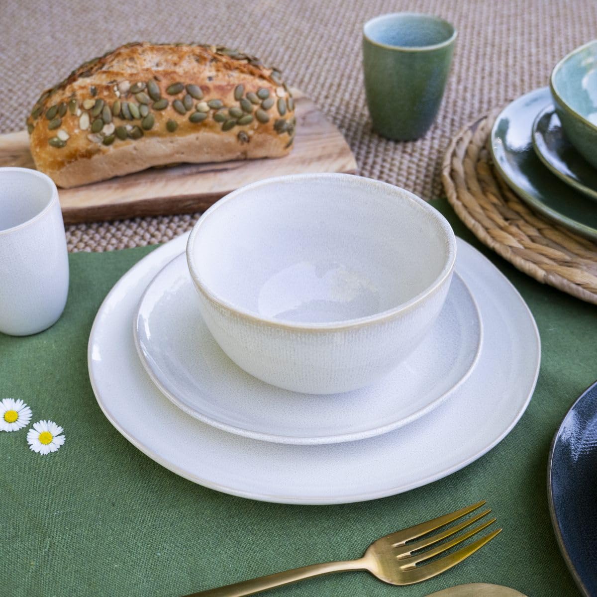 Artime Lot de 6 Assiettes Creuses Ø20,5 cm, Céramique, Teintes Vert-Gris et Blanc Crème, Design Feuillage