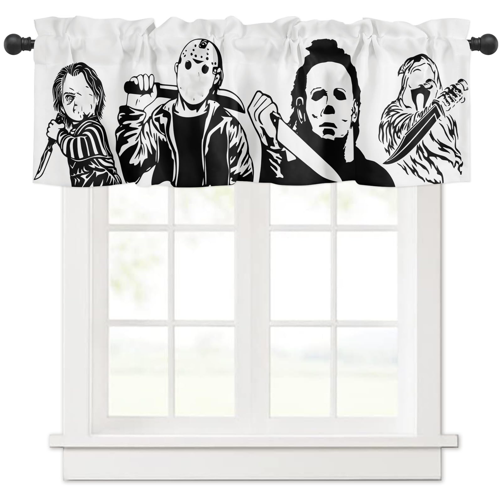 Horror Killers Window Valance for Halloween Decorations Supplies, Classic Scary Movie Characters Window Curtain for Kitchen Living Room Bedroom, Rod