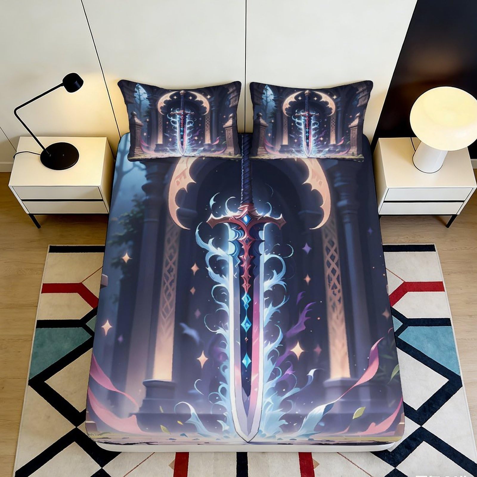 3D Printed Sword Fantasy Fitted Sheet Microfiber Soft Breathable Magic Castle Mattress Cover for Bedroom Dorm Decor 90x200x25cm