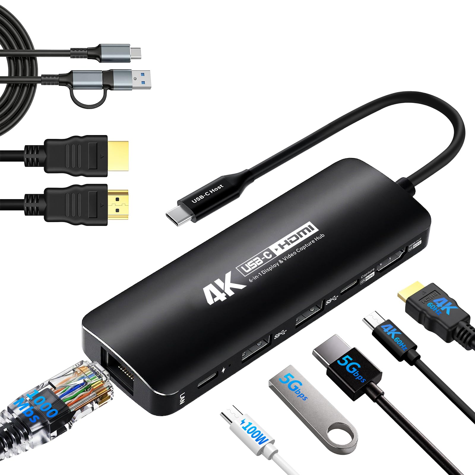 Guermok Capture Dock per Switch2, 4K60 HDMI & USBC Video Capture | Per OBS, PD 100 W, Gigabit Ethernet, hub USB 3.0, compatibile con Steam Deck e palmare da gioco