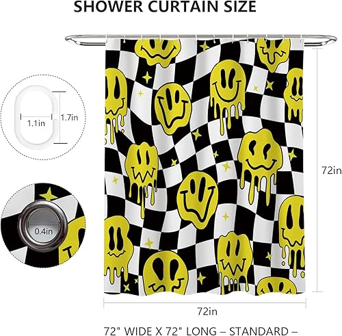 Miniatura 3 de MEHOFOND Cortina de ducha a cuadros negros y blancos, divertidas cortinas de ducha con cara sonriente para decoración de baño, cortinas de ducha