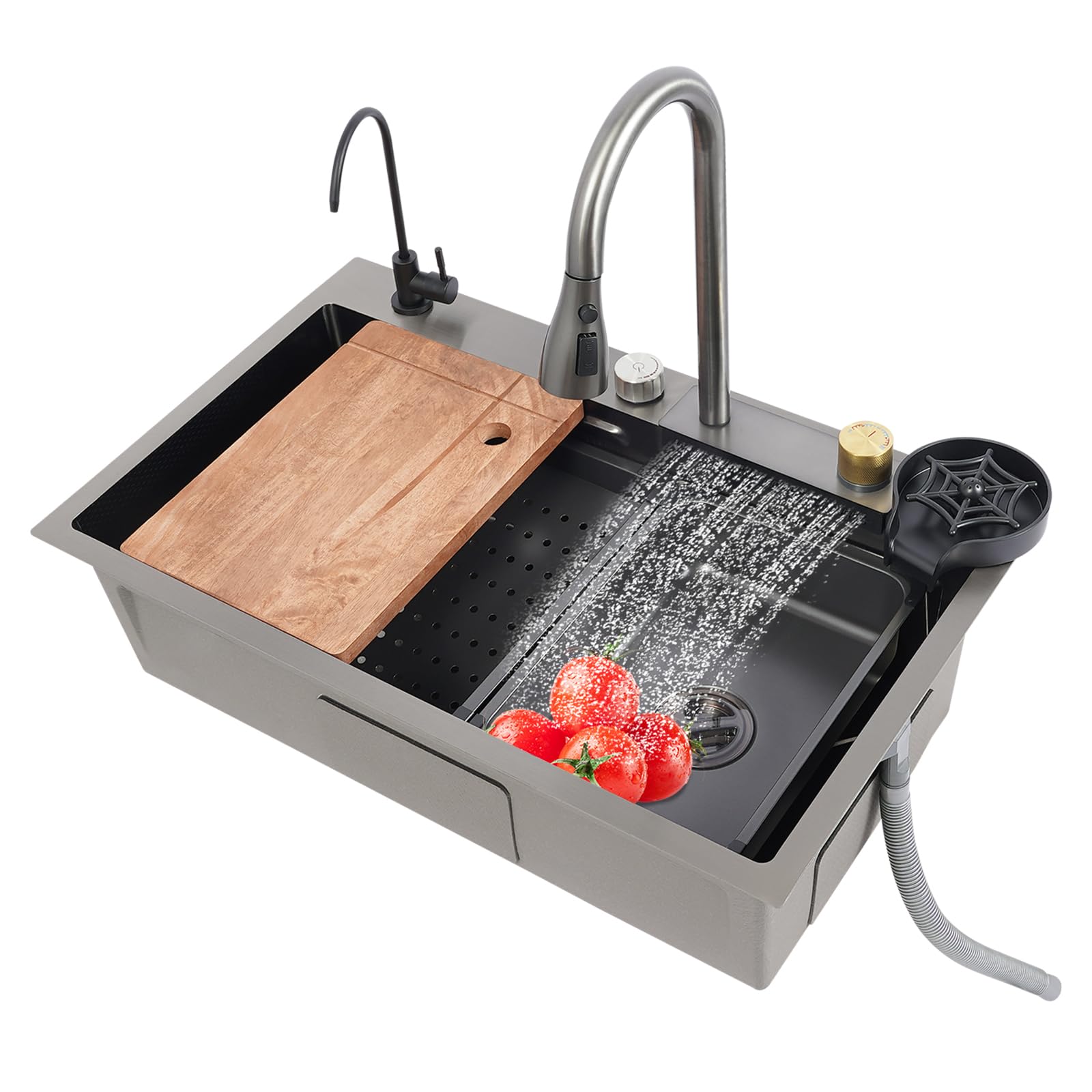 Lavello da cucina a cascata, grande 1 vasca, lavello singolo, nero in acciaio inox, con rubinetto estraibile, lavatrice per tazze (75 x 45 x 21 cm)