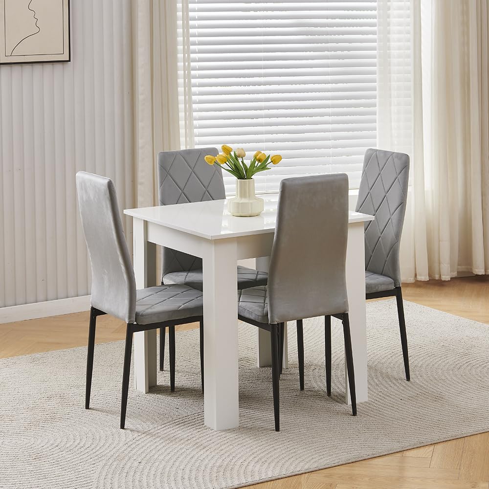 Homullel 75x75 cm Small Dining Table and 4 Chairs, 4 Seater Table and Chairs Set Kitchen Dining Room Set for 4, Compact, Space Saving, Wooden, Glossing Tabletop White (4 Seats, Flannel Grey #2)