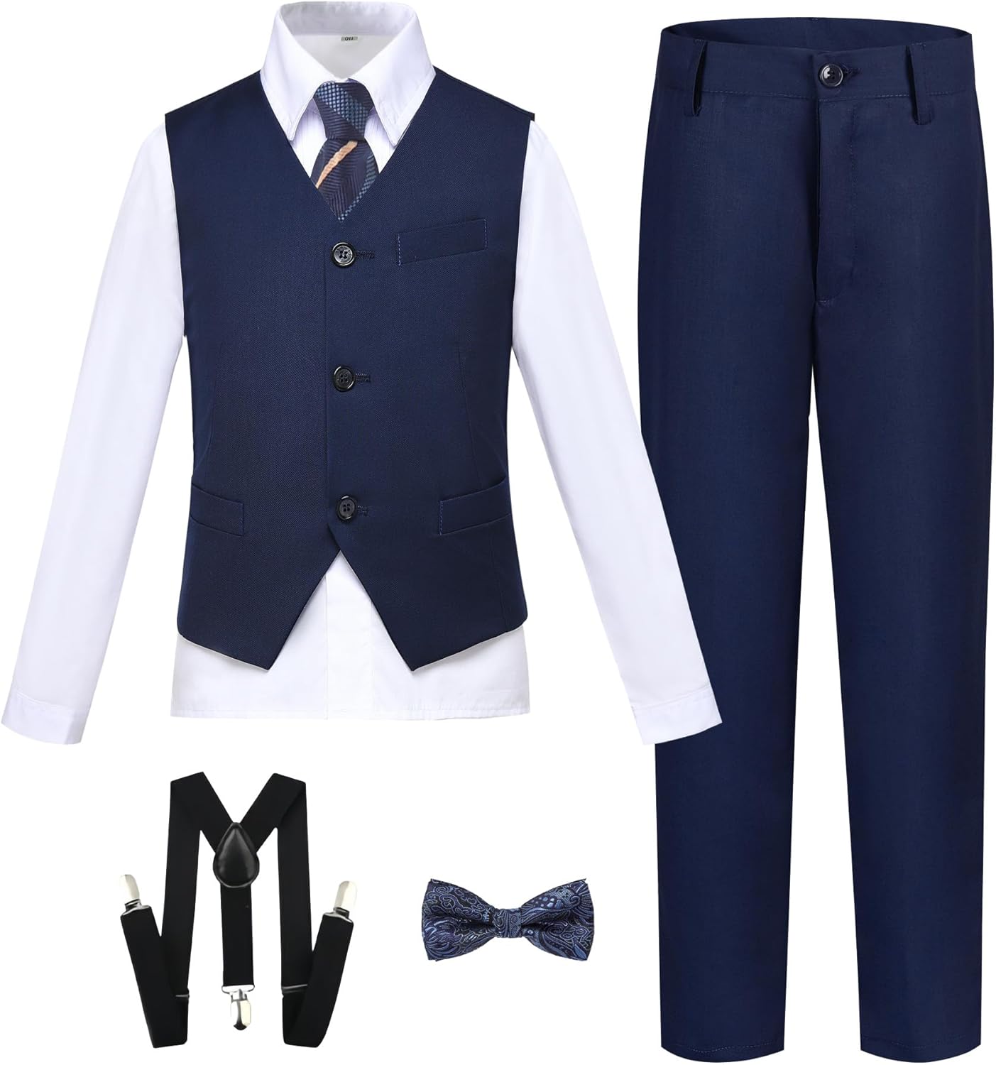 Boy's Formal Suit 7 Piece Slim Fit Tuxedo for Kids Teen Boys Jacket Vest and Pants Set for Wedding with Bow Tie Suspenders