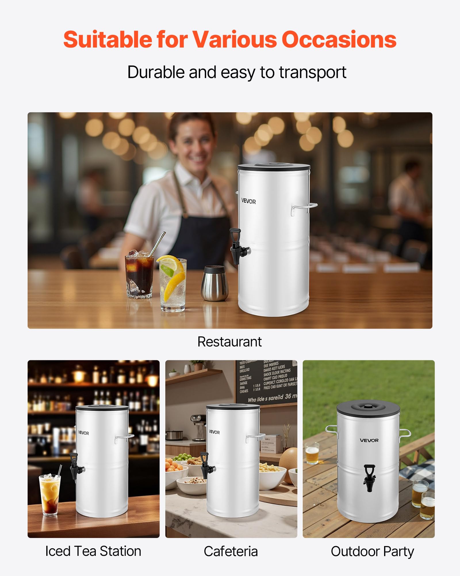 VEVOR Distributore di Tè Freddo da 15 L Distributore di Bevande Isolato in Acciaio Inox 304 con Rubinetto e Maniglia, per Bevande Calde e Fredde, per Caffè e Acqua in Bar e Ristoranti