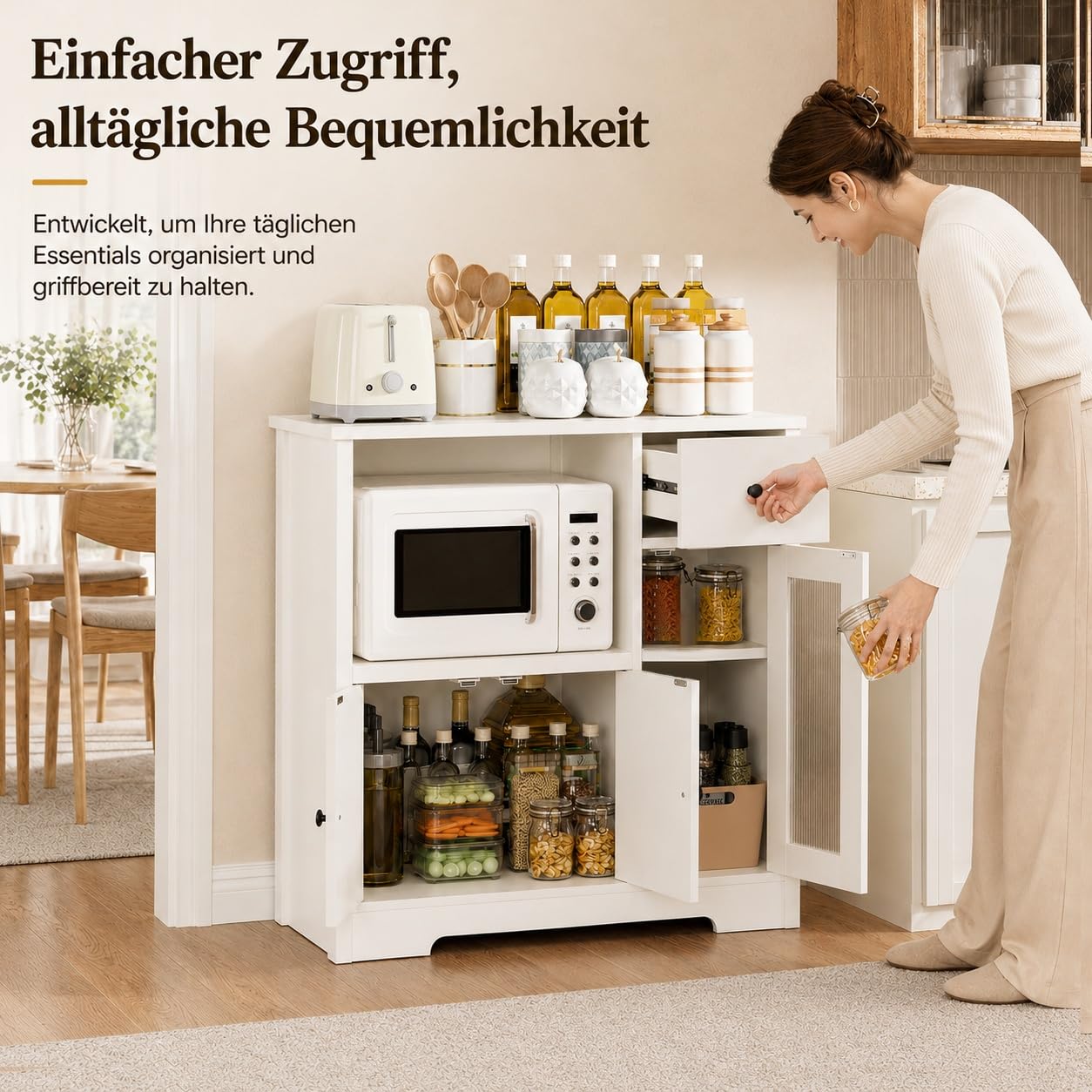 Yorbay Weiß Küchenschrank mit Arbeitsplatte und Mikrowellenregal: Sideboard mit 1 Schublade und 3 Türen für Küche - Mehrzweckschrank mit Kippschutz für Esszimmer Wohnzimmer