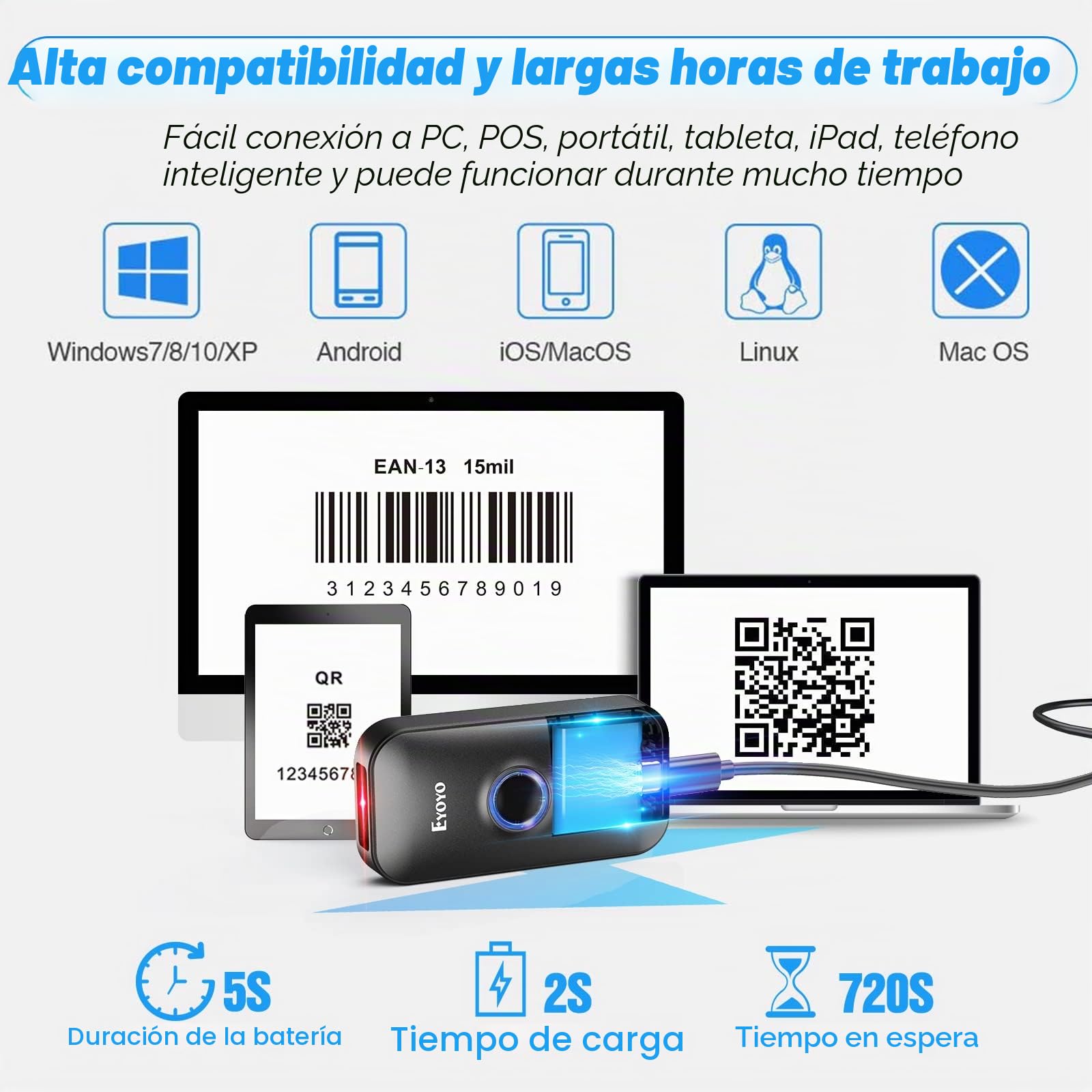 Eyoyo Escáner de códigos de Barras Mini Bluetooth 2D, 3 en 1, Cable USB 2,4 G, inalámbrico/Bluetooth, Lector de códigos de Barras portátil 1D, QR