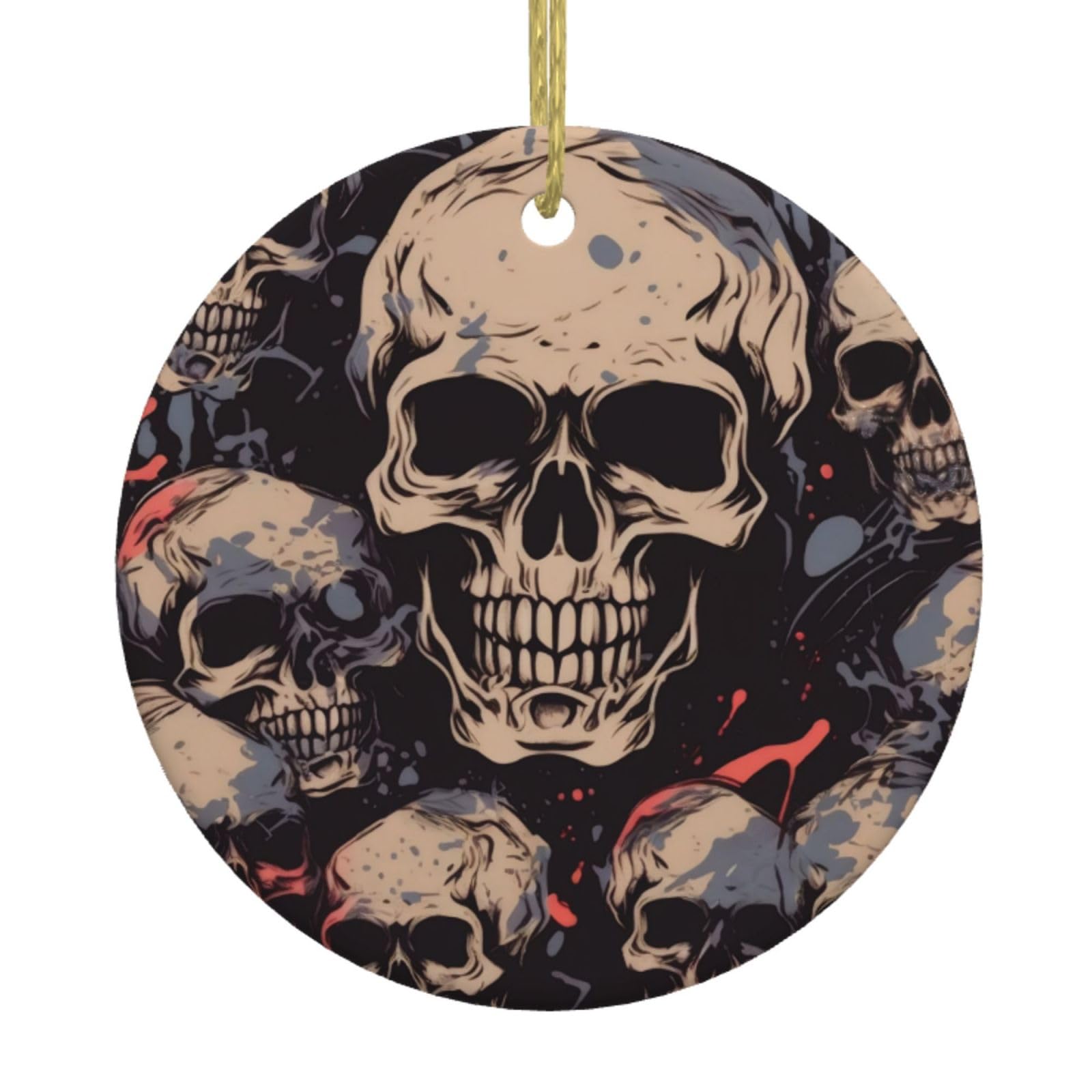 Cool Skull Graphics -Christmas Ornament, Round Ceramic Hanging, Christmas Decoration, Xmas Tree Pendant, Ornaments For Christmas Tree, Holiday Party Decorations For Festival Gifts