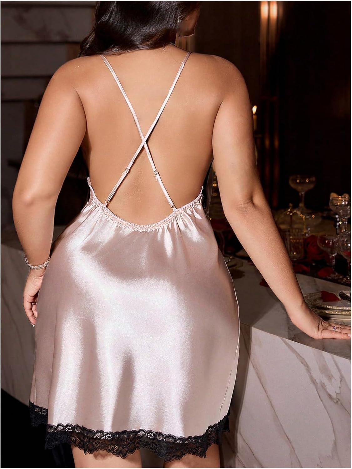 OYOANGLE Women's Plus Size Satin Robe Set Lace Trim Chemise Nightgown and Belted Bathrobe Sleepwear - Image 4