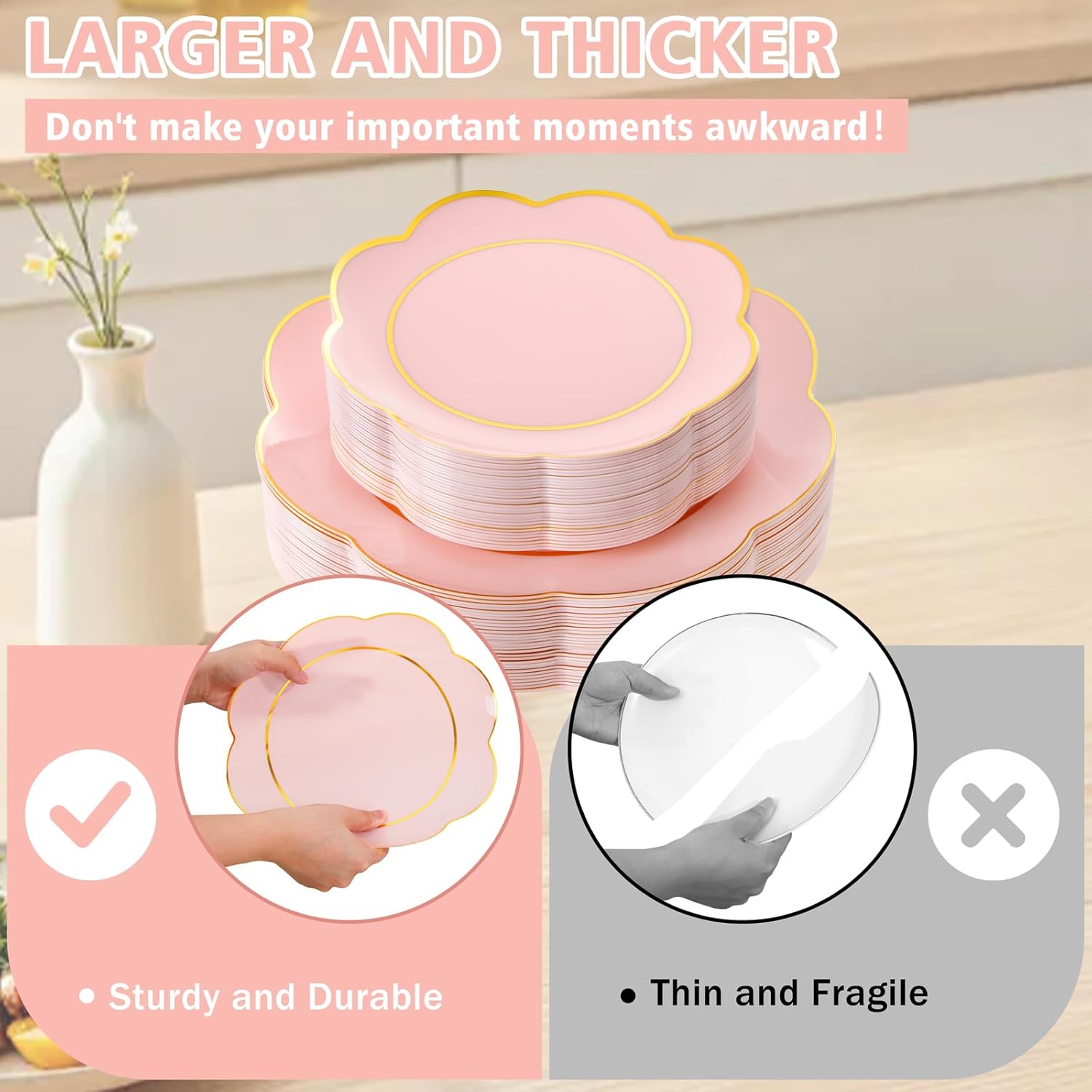 WONDERFUL 60pcs High-End Pink Plastic Plates - Disposable Heavy Duty Pink Plates with Gold Rim Plastic Disposable Plate for Party Wedding/Galentines/Valentines/Upscale Banquet Suitable for 30 Guests - Image 8