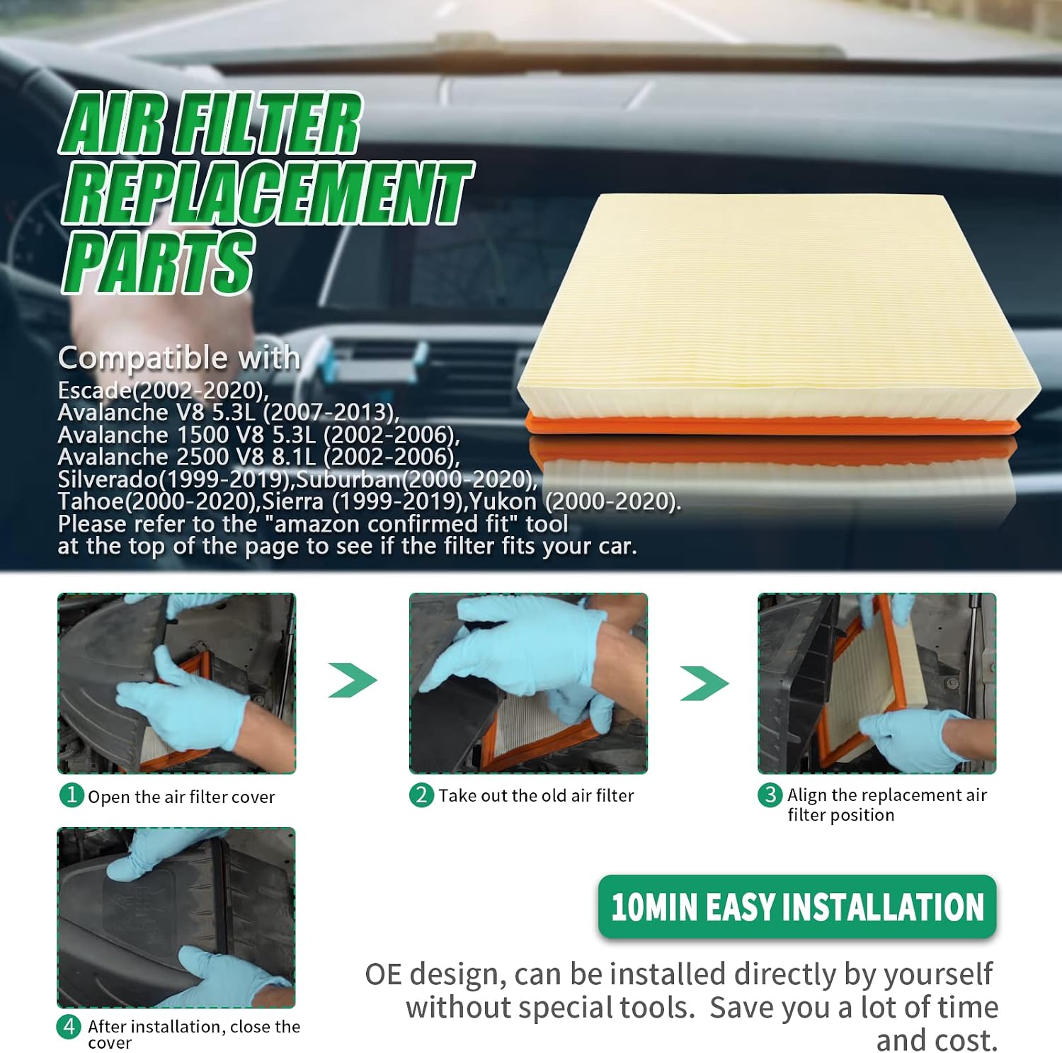 Engine Air Filter Replaces CA8756 for Cadillac Escalade for Chevy Avalanche Silverado 1500 2500 3500 Suburban Tahoe for GMC Sierra Yukon