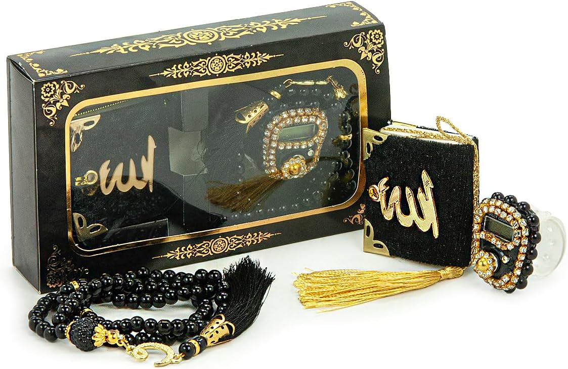 ihvan online Mini Velvet Quran Set with Islamic Finger Counter, Portable Digital Tasbeeh, Muslim Prayer Beads, Pearl Zikirmatic Beads, 3 Pieces Gift Set for Mevlüt (Black Box)