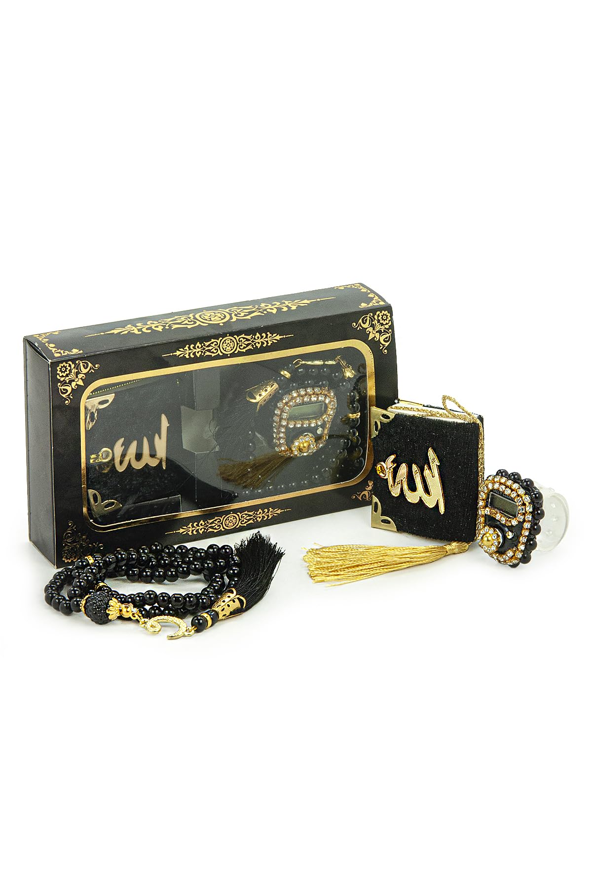 ihvan online Mini Velvet Quran Set with Islamic Finger Counter, Portable Digital Tasbeeh, Muslim Prayer Beads, Pearl Zikirmatic Beads, 3 Pieces Gift Set for Mevlüt (Black Box)