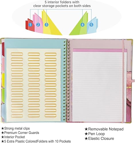 Miniatura 5 de Folio portapapeles con bloc de notas y bolsillo, portapapeles con bloc de notas forrado recargable, 5 divisores con almacenamiento 10 bolsillos,