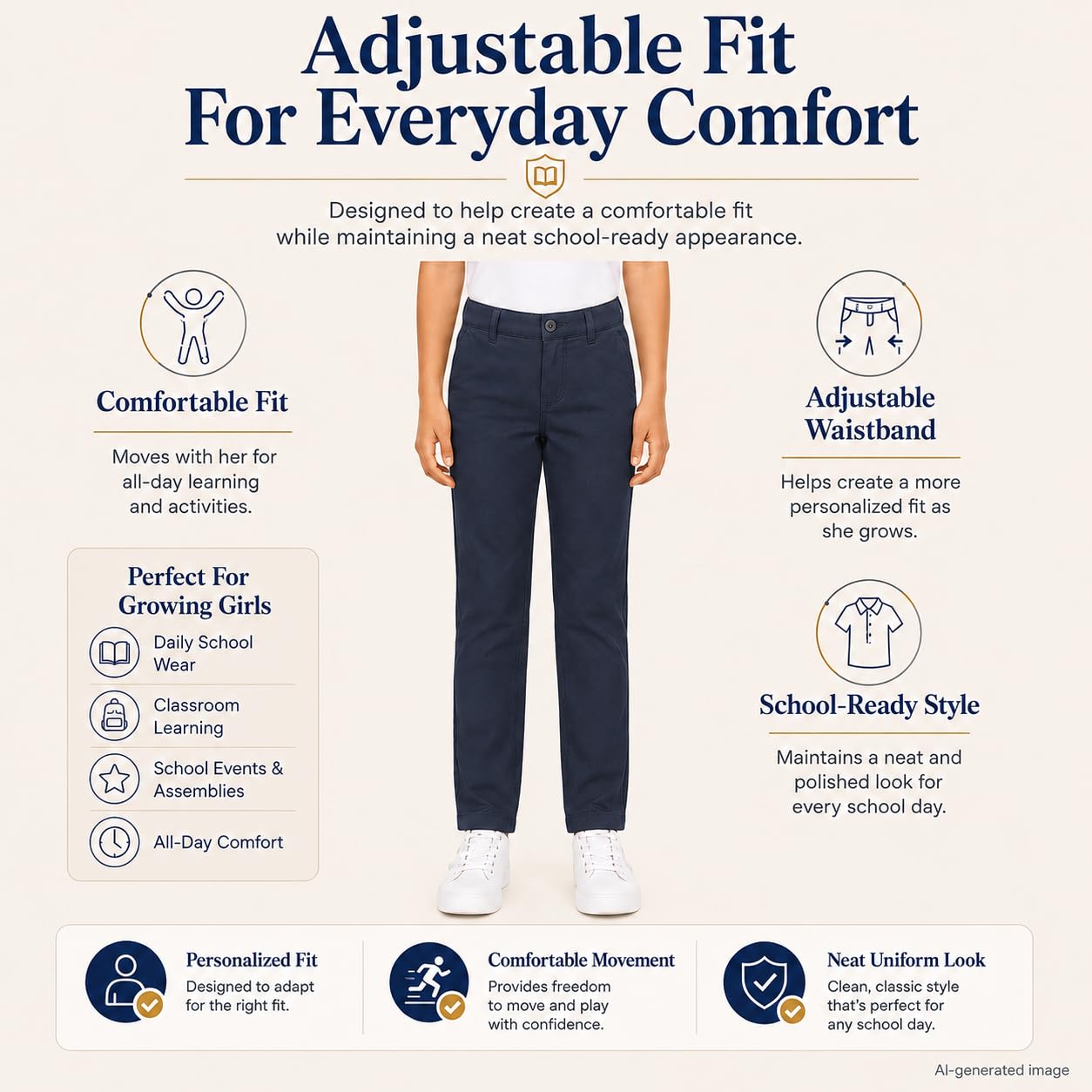 Bienzoe Pantalones de uniforme escolar de algodón elástico con cintura ajustable para niña - azul - 6X