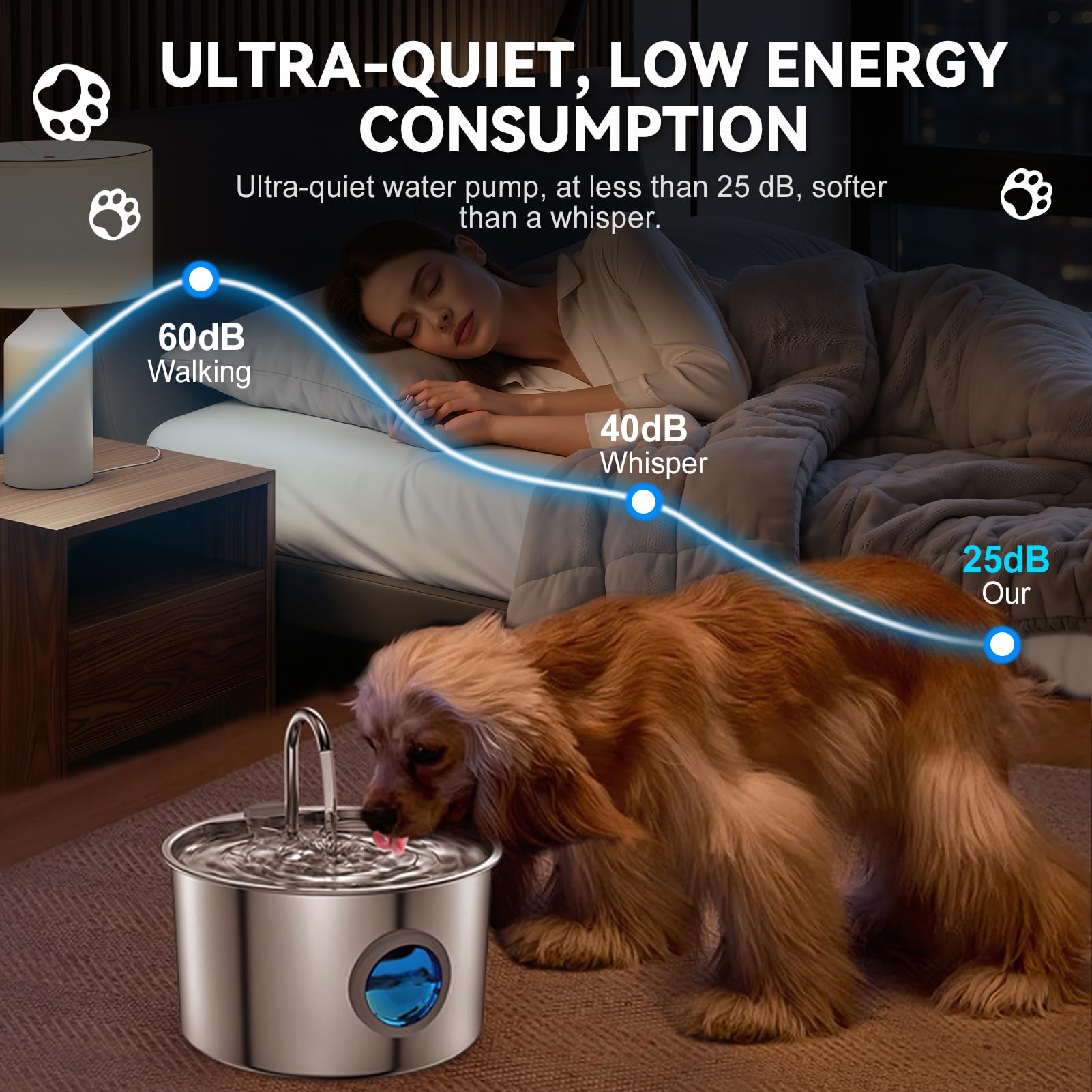 Fuente para gatos de acero inoxidable, automática, ultrasilenciosa