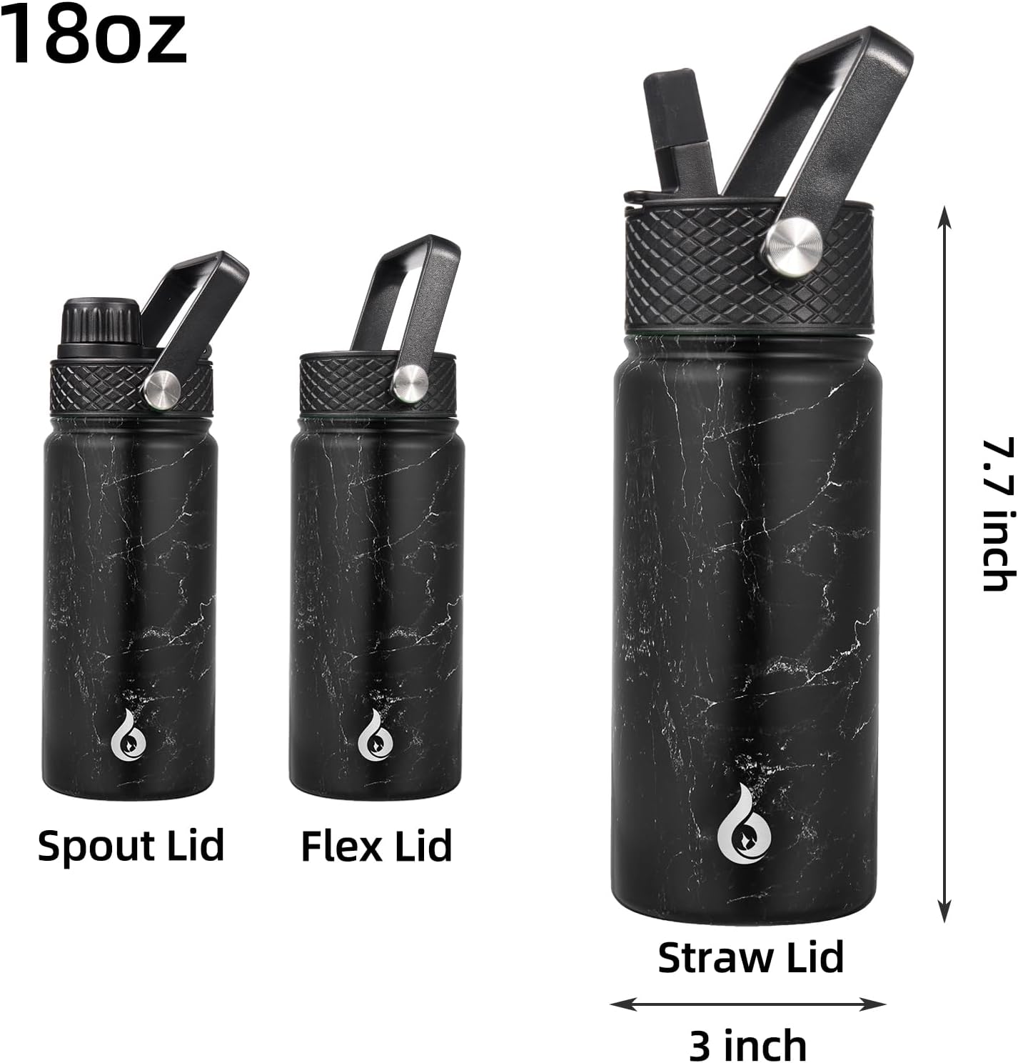 BJPKPK Insulated Water Bottles with Straw Lid, 18oz Stainless Steel Metal Water Bottle, Cold Hot Thermo with 3 Lids, Leak Proof BPA Free Travel Cup, Wide Mouth Flasks, Thermo -Midnight - Image 2