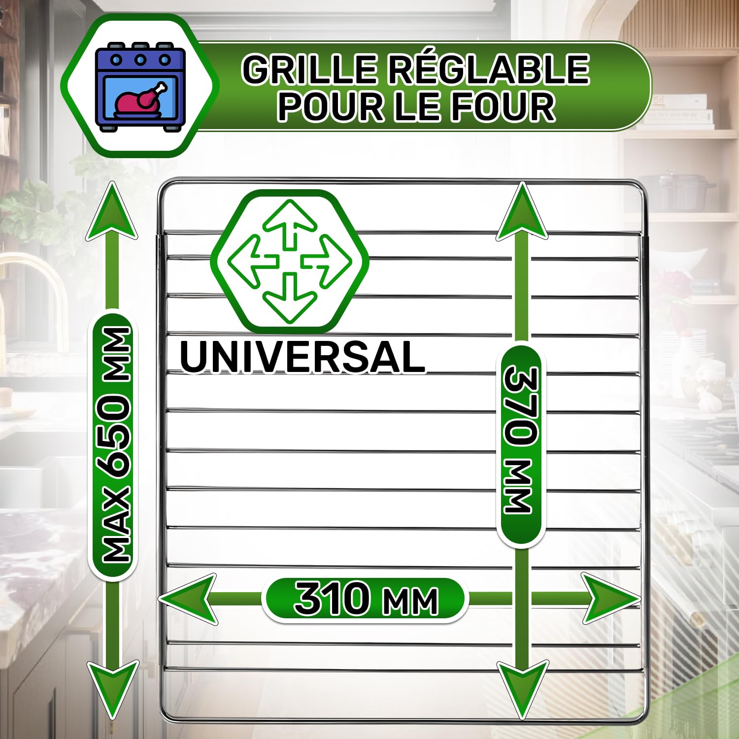 Grille Four Universelle Réglable ou Réfrigérateur d'une Longueur Minimale de 370 mm d'une Longueur Maximale de 650 mm et d'une Largeur de 310 mm - Garantie de 5 Ans - ONIX TECH