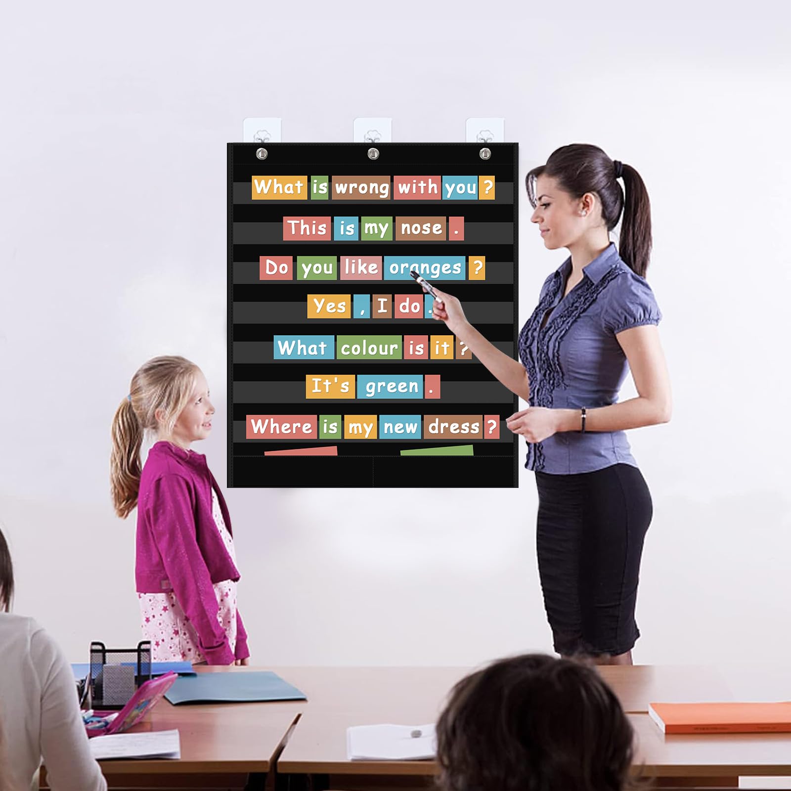 ANCOMEDO Tabla de bolsillo estándar de 7 + 2 bolsillos, tabla de palabras transparente de 7 bolsillos con 2 bolsillos de almacenamiento adicionales para uso en aula, oficina en casa, tamaño grande