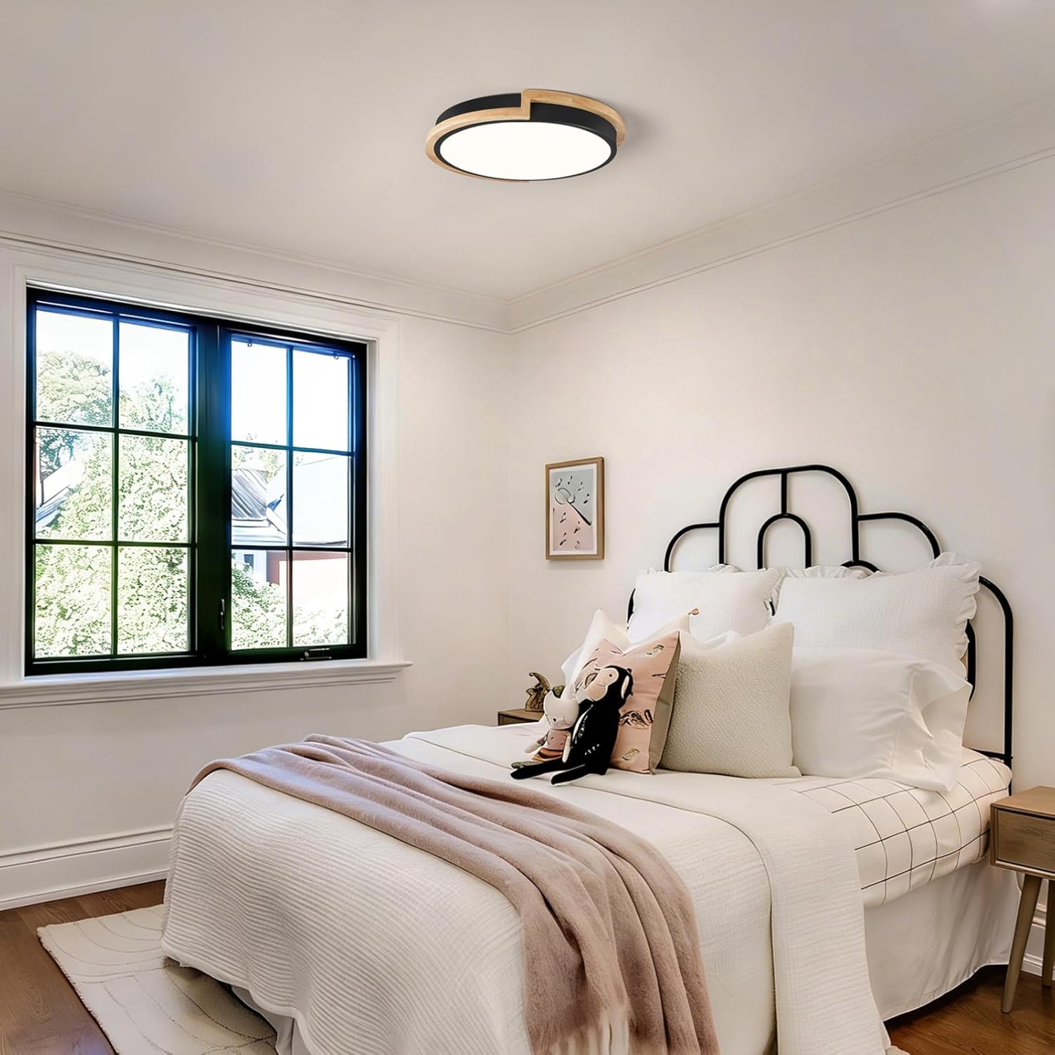 Modern Dimmable LED Flush Mount Ceiling Light Fixture,Round Close to Ceiling Lighting,Matte Black with Wood Accent,Minimalist Kitchen Light Fixtures for Bedroom,Entryway,Living Room,11.81in