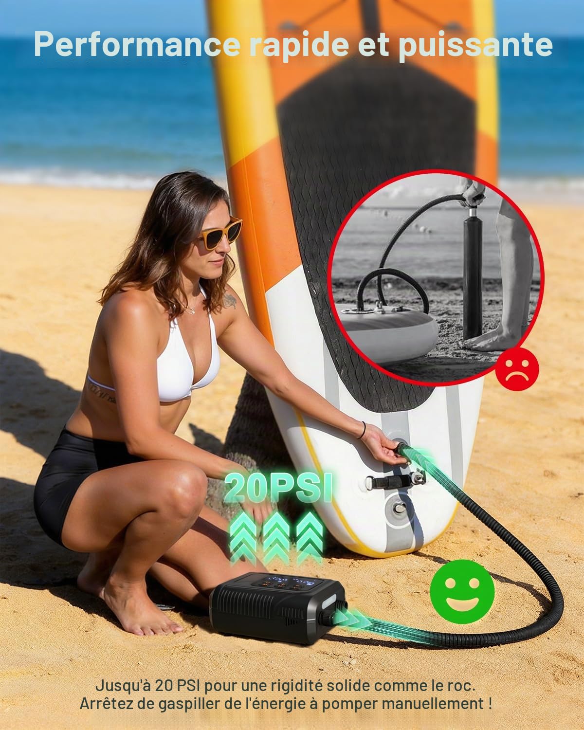 Sup Pompe Électrique 20 PSI – Rechargeable, 12V, Gonflage/Dégonflage Auto-Arrêt, Pression Précise – Gonfleur Electrique Paddle pour Paddle, Kayak, Tente, Matelas Gonflable, Jouets Piscine