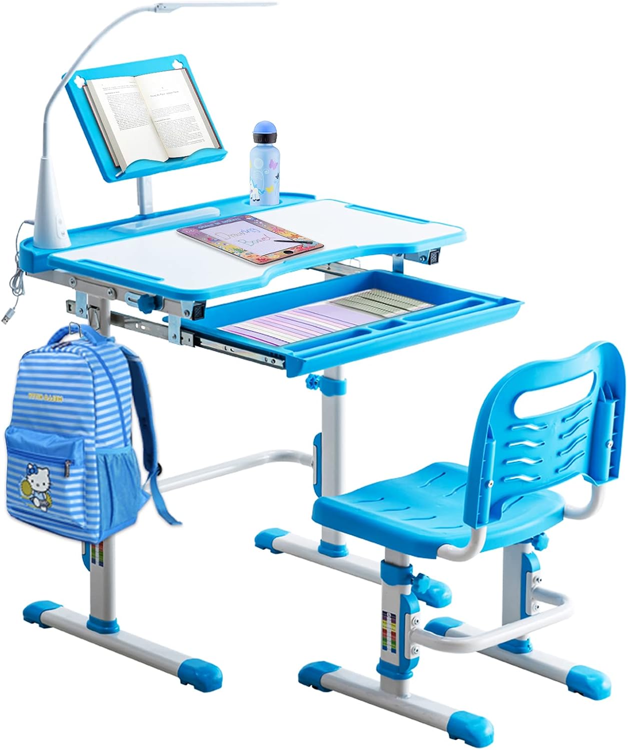 Best Review BELANITAS Kids' Desks,Height Adjustable Kids Desks and Chair Set for Boys and Girls,Kids Writing Chair and Desk w/Lamp,Rotatable Bookshelf,40 Degree Children Desk Set Tiltable Desktop,Blue