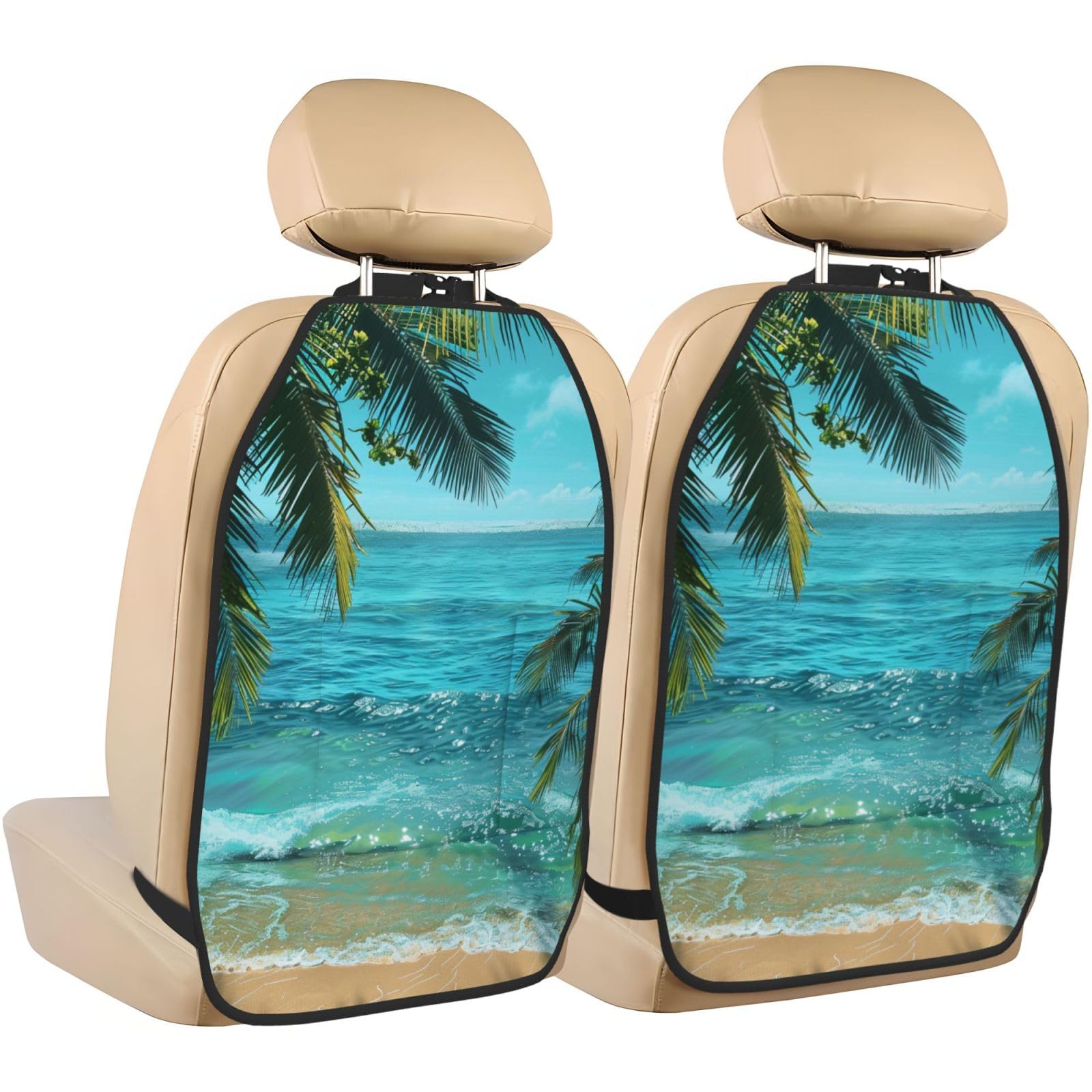 JTNWEC Ocean Sea Beach Palm Leaves Print Car Seat Kick Mats with Organisers 2 Pack Backseat Protector Seat Covers for Your Car, SUV, or Truck