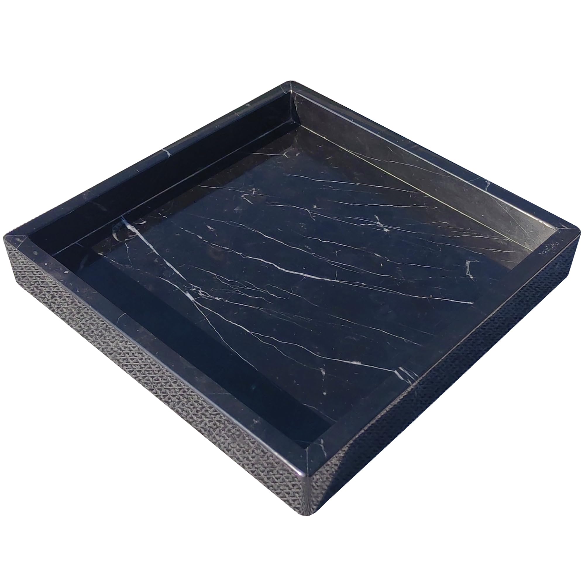 Square Natural Marble Vanity Tray: Luxury 8x8 Polished Organizer for Bathroom Kitchen Dresser Makeup Jewelry Coffee Table Home Decor, Black