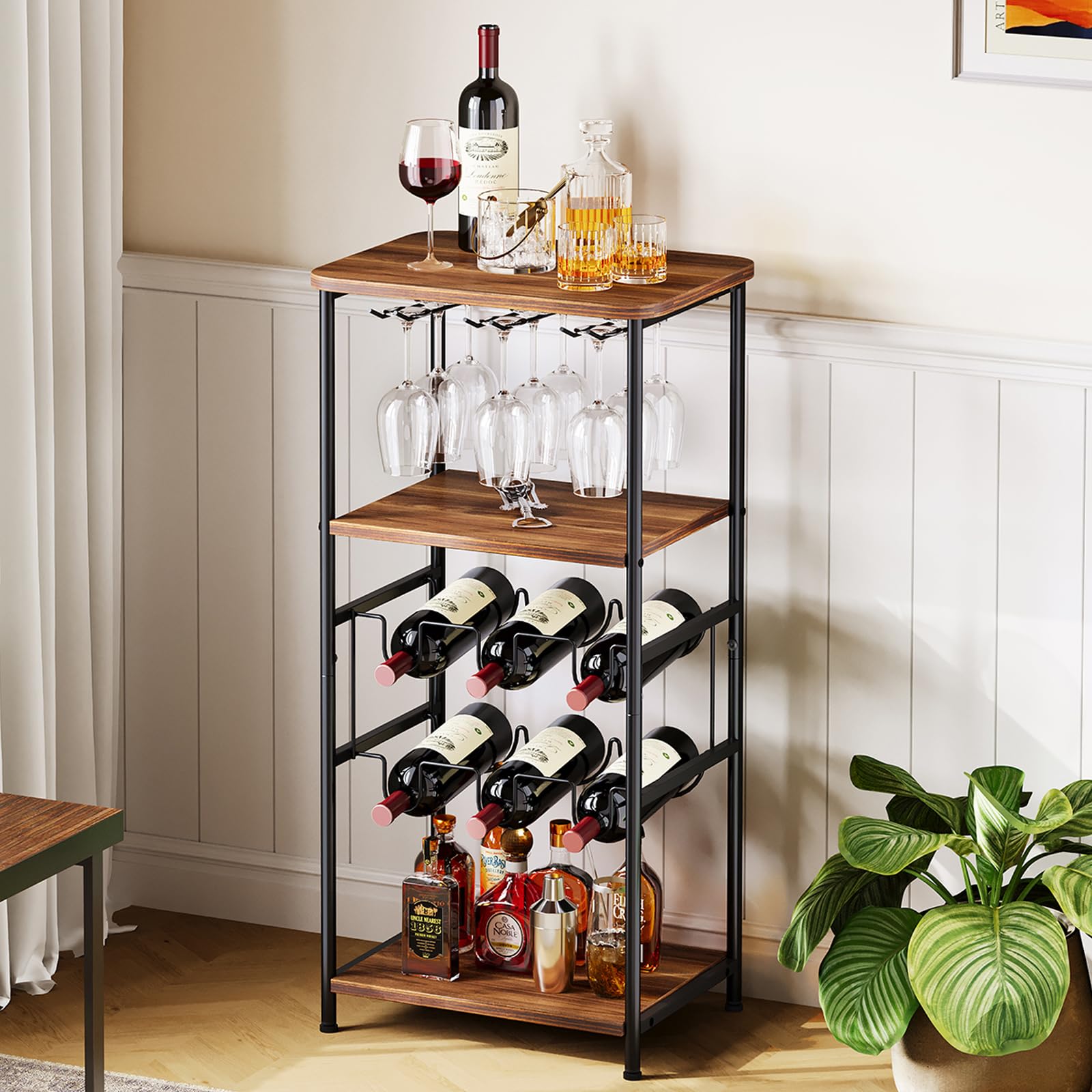 Dripex 4 Etagen Weinregal, klein Flaschenregal für 8 Flaschen, freistehend Flaschenhalter mit Tischplatte, für Keller, bar und lagerraum, Ausstellungsregal, 43 x 30 x 75 cm, Vintagebraun-schwarz