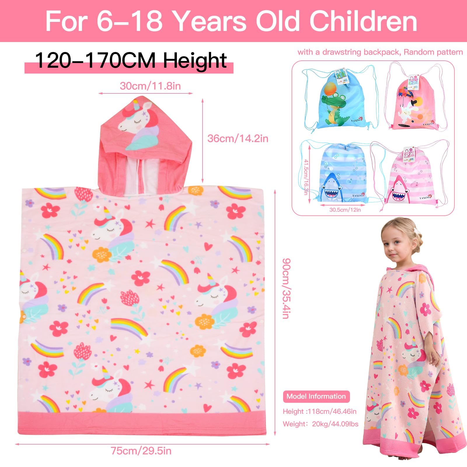 Asciugamano Poncho da Bambino, Poncho da Bagno Telo da Spiaggia per Bambini Extra Large Teli Mare in Microfibra Accappatoio con Cappuccio per Bambine e Bambini, Altezza 120-170 cm (Unicorno)