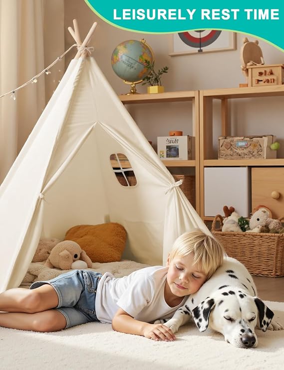 Wilwolfer Kids Teepee Tent Indoor: Foldable Polycotton Tipi Play Tent with Window, Large Playhouse for Girls and Boys, Indoor Outdoor Birthday Gift (Natural White)