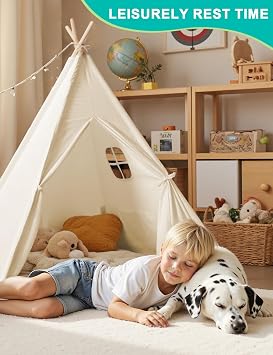 Wilwolfer Kids Teepee Tent Indoor: Foldable Polycotton Tipi Play Tent with Window, Large Playhouse for Girls and Boys, Indoor Outdoor Birthday Gift (Natural White)