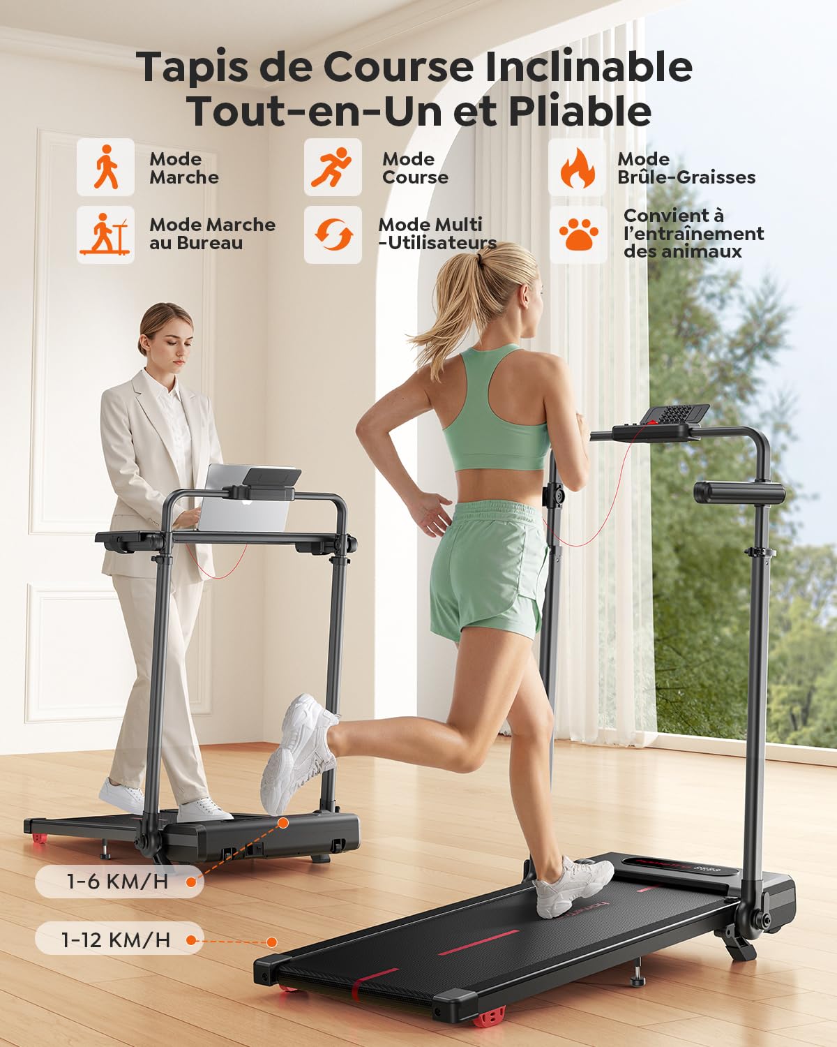 Tapis de Marche Pliable Inclinable à 7%, avec Barres de Soutien Sétractables. Tapis de Course Inclinable - Table Amovible, 1-12 km/h, Moteur Silencieux, Walking Pad Maison/Bureau (120kg Max)