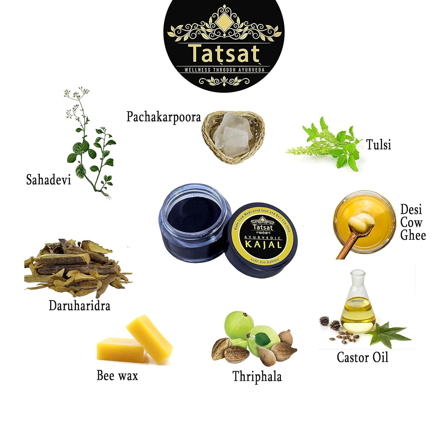TATSAT - WELLNESS THROUGH AYURVEDA BABY Kajal z czystymi ziołami, sadzą leczniczą i krową ghee Desi, bezpieczny dla niemowląt, przetestowany laboratoryjnie, bez konserwantów