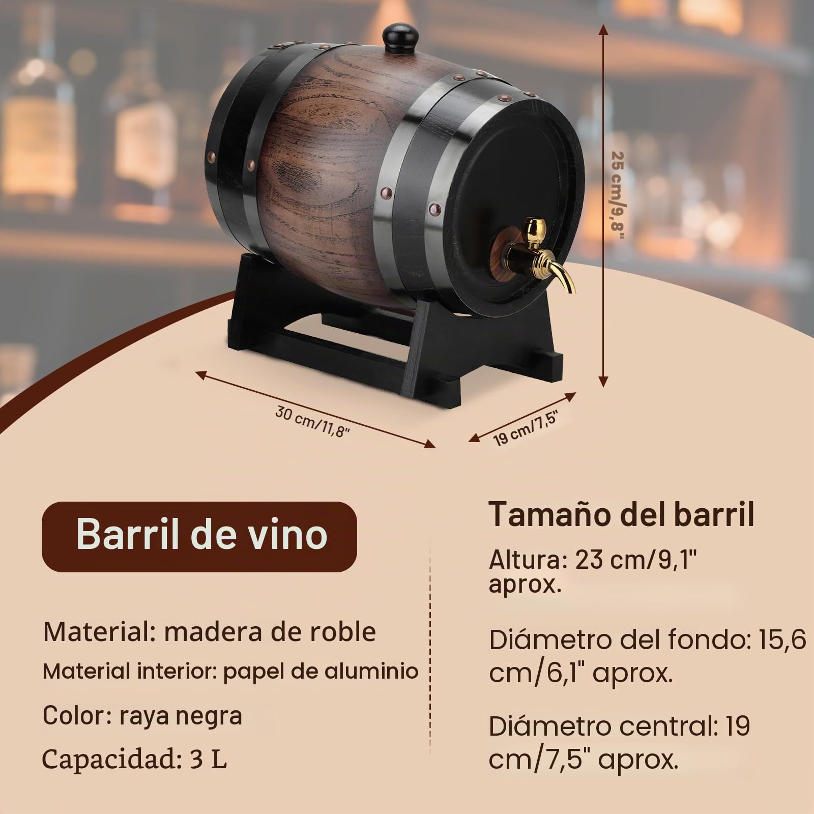 Barril de Whisky, Barril de Roble de 3 Litros, Dispensador de Vino con Grifo, Madera de Roble, para Hogar, Cafetería, Restaurante, Hotel