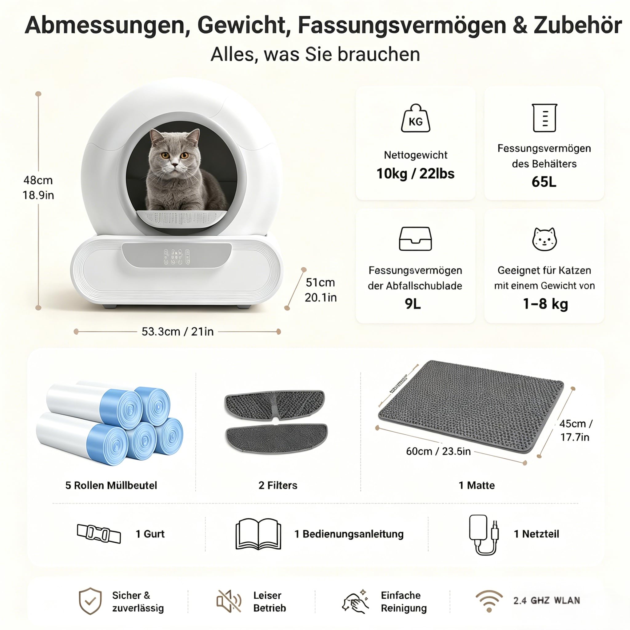 Automatische Katzentoilette XXL 65L, Selbstreinigendes Katzenklo mit App-Steuerung, Geruchsfrei & Geschlossen, Elektrische Katzen Toilette für 2+ Katzen