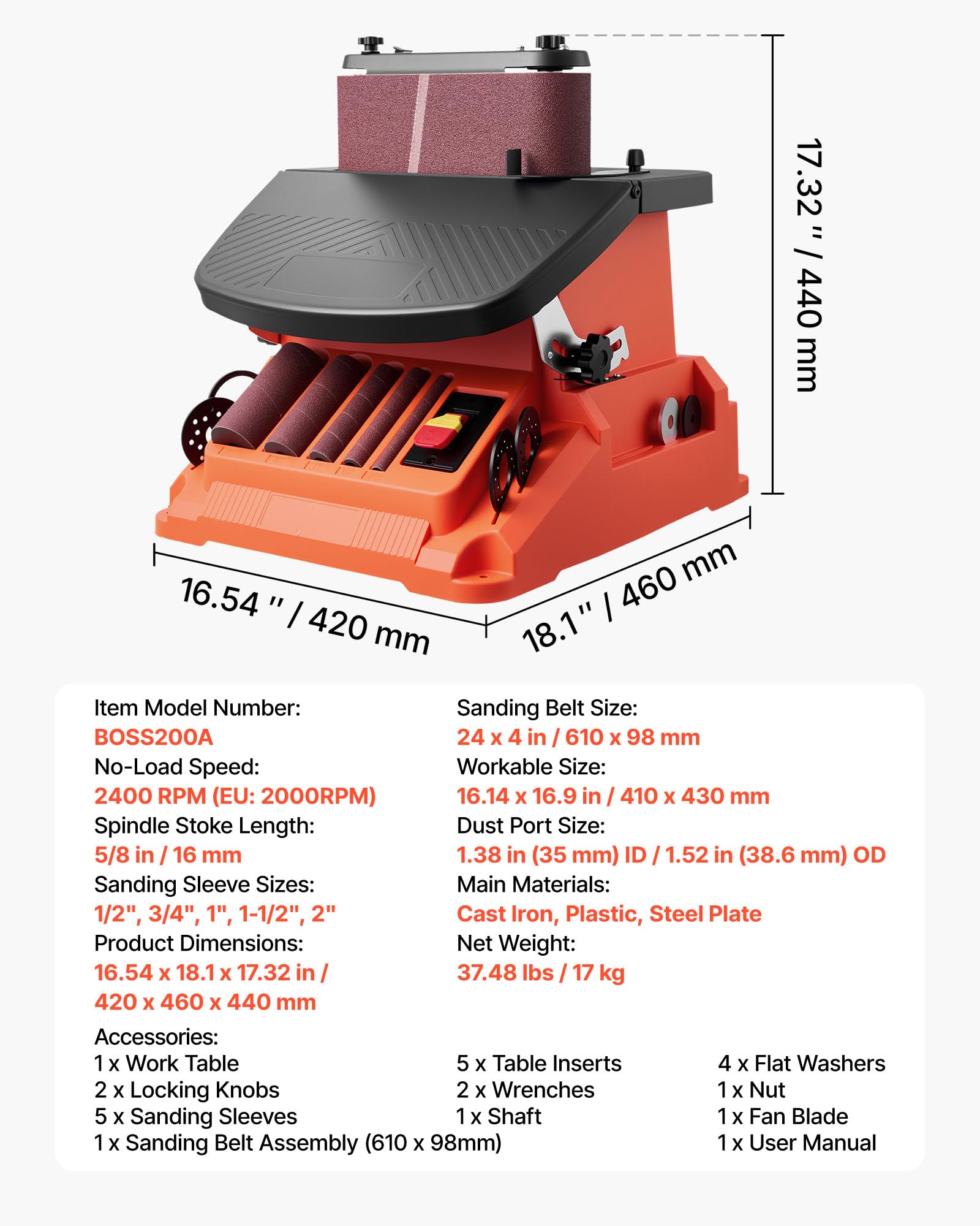 VEVOR Lijadora de Husillo Oscilante 2000 RPM, con Carrera 16 mm, 5 Manguitos 12,7-50,8 mm y Banda de Lijado 610 x 98 mm para Carpintería, para Muebles y Proyectos de Bricolaje, 420 x 460 x 440 mm