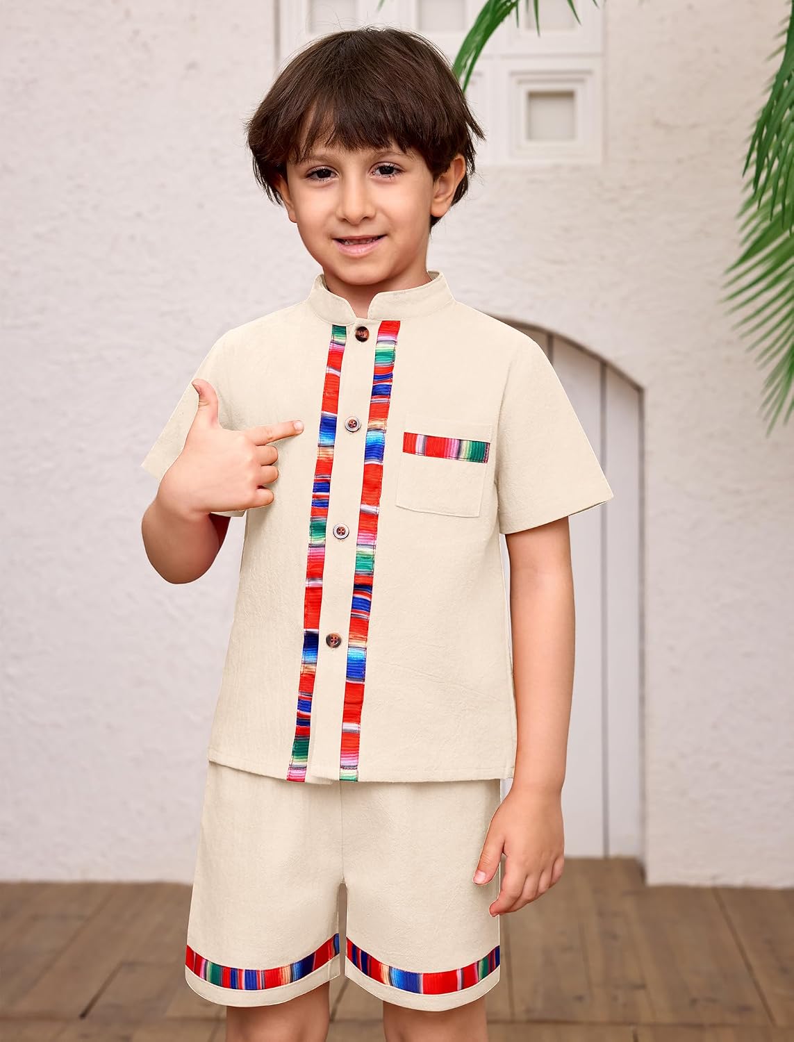 ABEWIP Baby Boys Mexican Outfits Embroidery Fiesta Traditional Guayabera for Toddler Button Up Shirt+Shorts 2Pcs