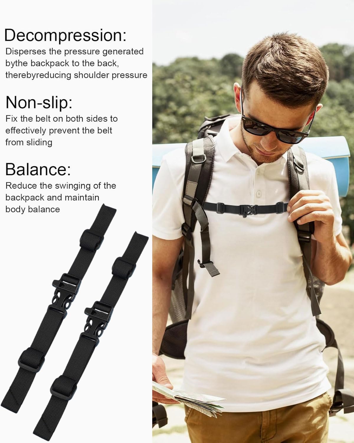 2 Pezzi Cinghia Toracica Regolabile per Zaino con Fibbia e Fischietto,Cinturino per Zaino Antiscivolo Resistente,per Adulti,Bambini,Scolastico,Viaggio all'Aperto(Nero)