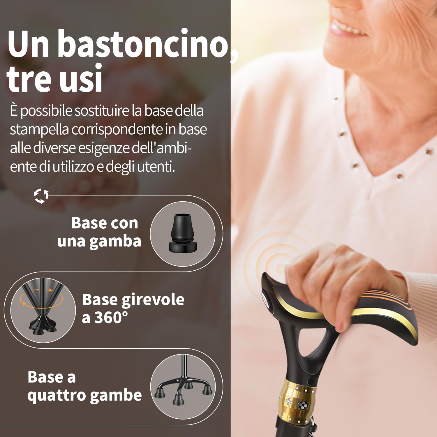 Bastone da passeggio multifunzione da uomo e da donna, con funzione di allarme e illuminazione a LED, dotato di 3 diversi tipi di attacco, bastoni da passeggio di alta qualità per anziani