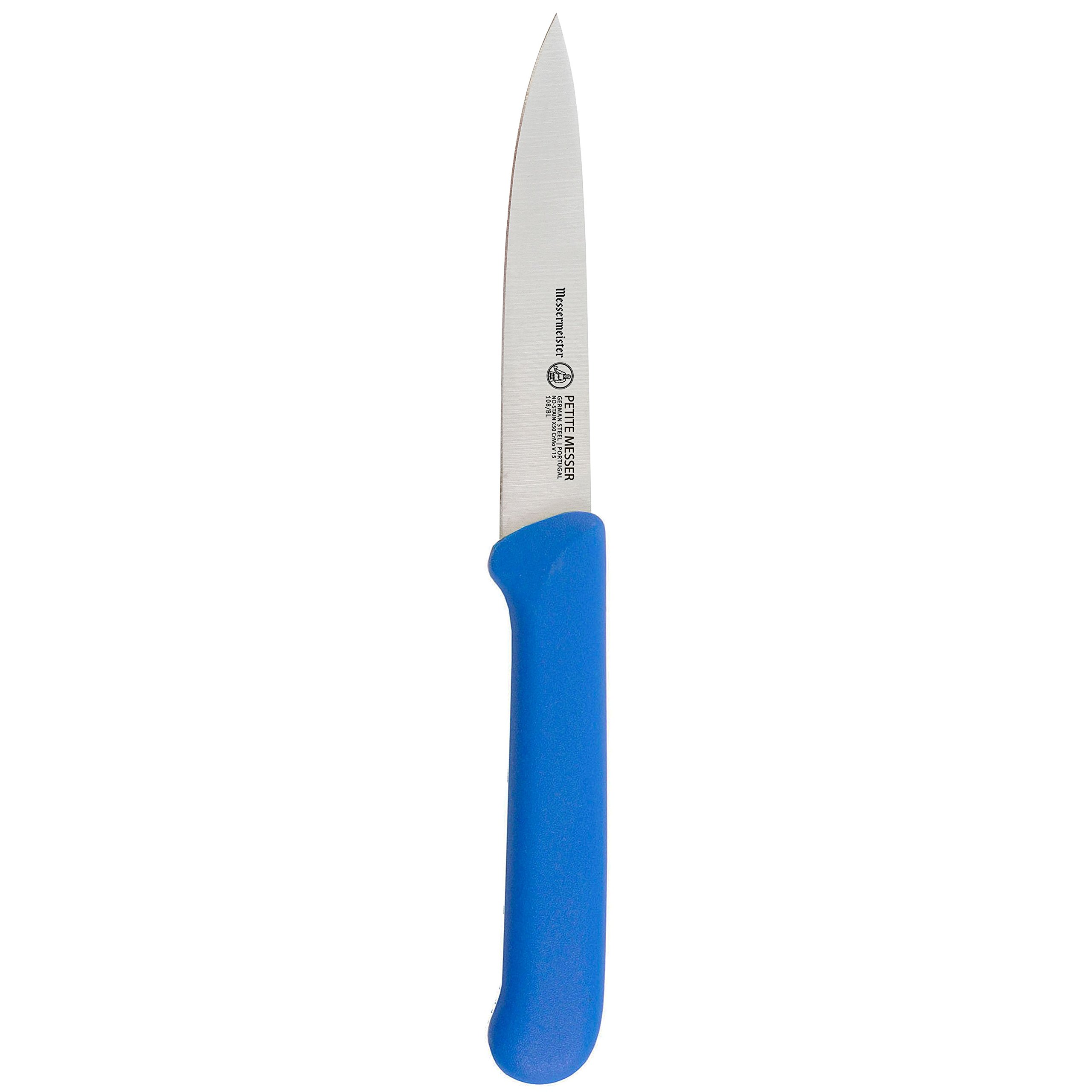 Messermeister Petite Messer Serrated Spear Point Paring Knife with Matching Sheath, 4-Inch, Blue