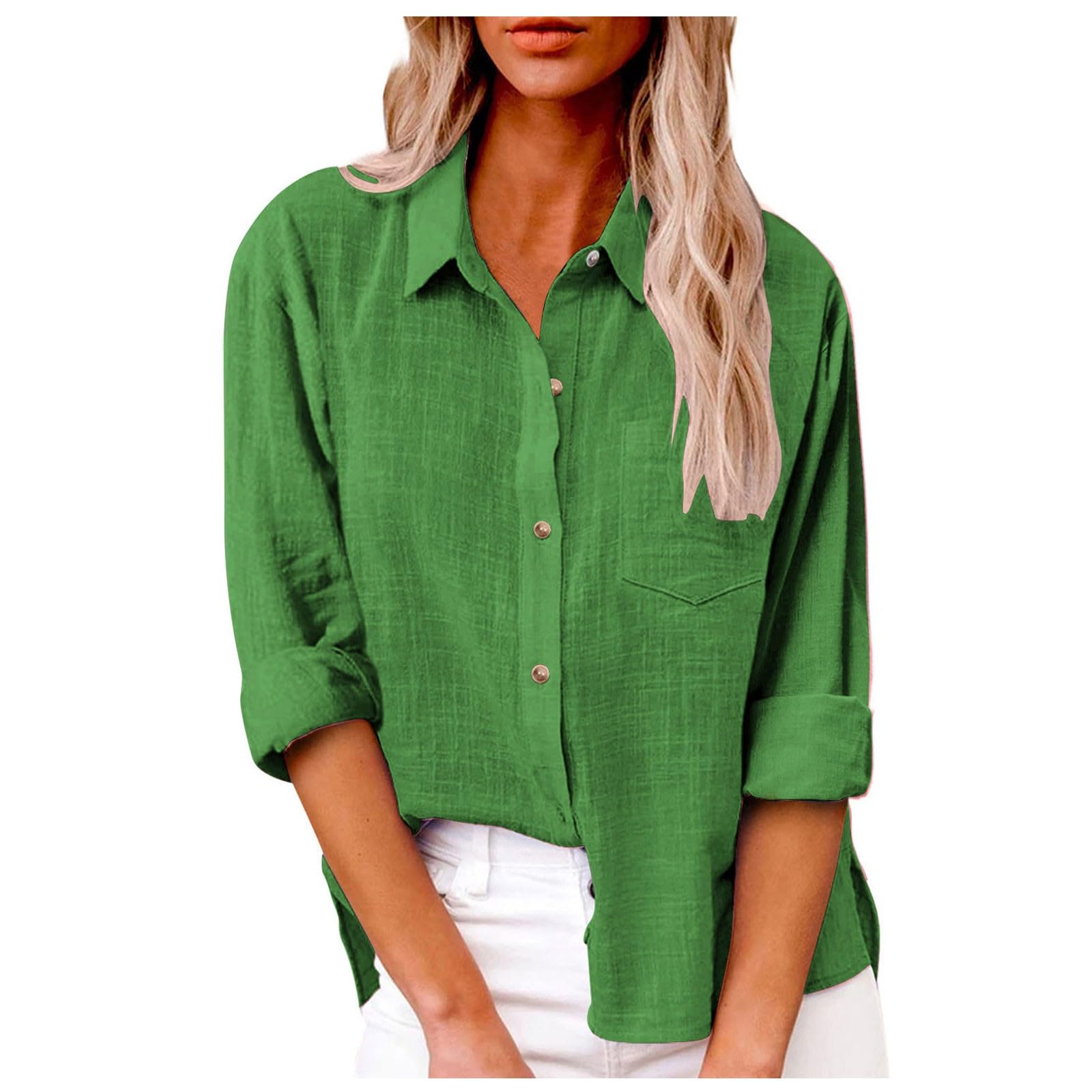 Camicia a maniche lunghe in lino da donna alla moda 2026 con risvolto button down colletto casual garza abbigliamento estivo spacco laterale camicetta in mussola oversize spiaggia tinta unita cotone