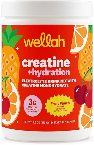 Wellah Creatina + polvo de hidratación (ponche de fruta) 30 porciones - Mezcla de bebida electrolítica con 0.11 onzas de monohidrato de creatina